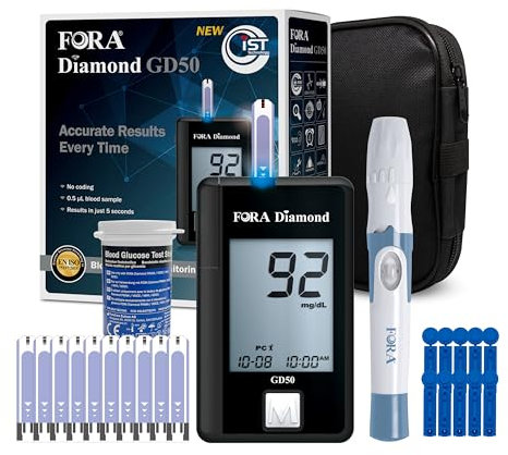 FORA Diamond GD50a Blutzuckermessgerät (mg/dl) mit 10 Blutzuckerteststreifen, und 10 Lanzetten für Diabetes zur Blutzucker-Selbstkontrolle