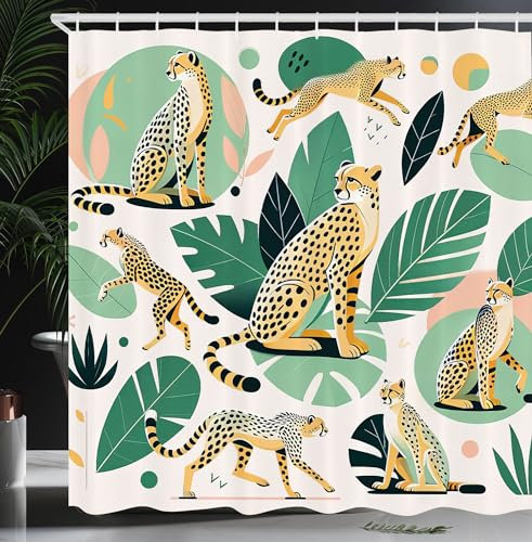 ABAKUHAUS Gepard Duschvorhang, Modernes Dschungelkonzept Wildes Leben Wilde Tiere Blätter Illustration, Stoffliches Gewebe Badezimmerdekorationsset mit Haken, 175 x 200 cm, Jadegrün Senfgelb Weiß