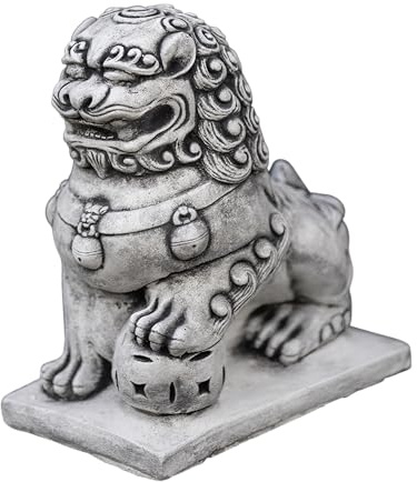 gartendekoparadies.de Chinesische Wächterlöwen Shishi Fu Hunde, Steinfigur aus Steinguss, Grau, Frostsicher für Außenbereich, H. 38 cm, 24 kg (Männlicher Wächterlöwe)