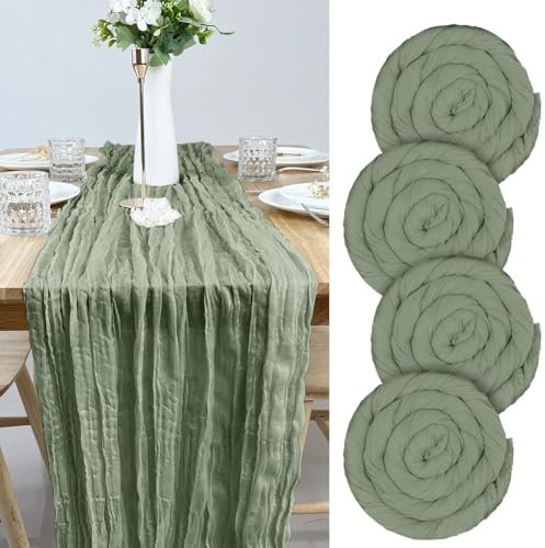 AUAUY 4 Pack Boho Gaze Etamine à Chemin de Table,90x 300 cm Paquet de chemins de Table en étamine Chemin de Table Cuisine Décoration Intérieure Vacances Mariage Fête Anniversaire Décor-Vert