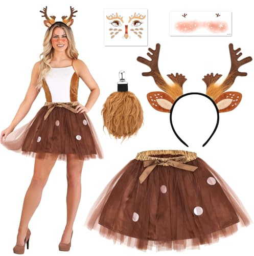 Beipegin 5 Piece Rentier Kostüm Damen,Rentier Haarreif Rentier Schwänze und Tüllrock Temporäre Tattoos Weihnachtskostüm Reh Kostüm Tierkostüm Erwachsene für Halloween Weihnachten Cosplay