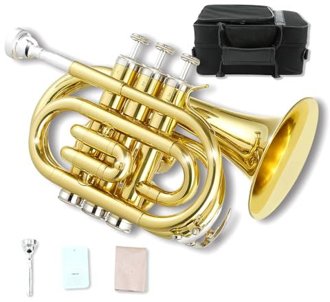Yinfente Bb flache Taschen-Trompete für Anfänger, Studenten, mit Reinigungstuch, versilbertes 7C-Mundstück, Hartschalenkoffer, weiße Handschuhe (Gold)