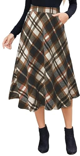 Alaster Queen Langer Damenrock, kariert, Midi, hohe elastische Taille, Wintertaschen, Röcke