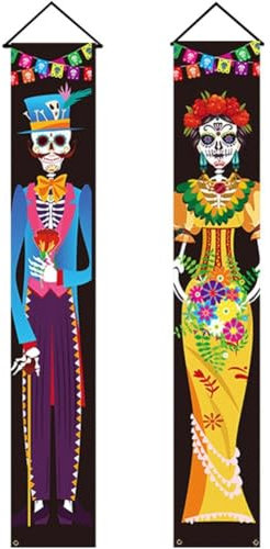 2 Piezas De Decoración del Día De Los Muertos, Letrero para Porche, Pancarta para Puerta, Decoración del Día De Los Muertos, Decoraciones De Halloween, Calavera, Bandera Colgante para Puerta,