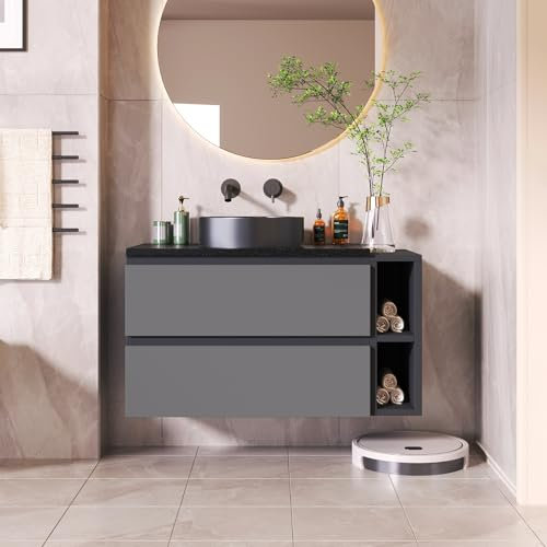 HAINEW Armario para debajo del lavabo colgante con lavabo redondo de cerámica, 80 cm de ancho, moderno mueble de baño con 2 cajones y 2 espacios abiertos, 80 x 44 x 60,5 cm, color negro