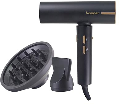 BEPER P301ASC010 Bürstenloser Haartrockner, 1800W, 3 Geschwindigkeiten, 3 wählbare Temperaturen, LED-Temperaturanzeige, selbstreinigendes Gitter, inkl. Zubehör, Schwarz