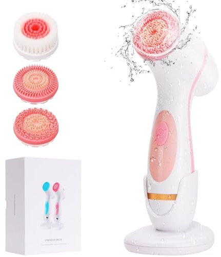 Maxspace Gesichtsreinigungsbürste, IPX7 Wasserdichte Gesichtsbürste Elektrisch mit 3 Bürstenköpfen und 2-stufige Rotation, Reinigungsbürste Gesicht für Gesichtsreinigung Exfoliation (Rosa)