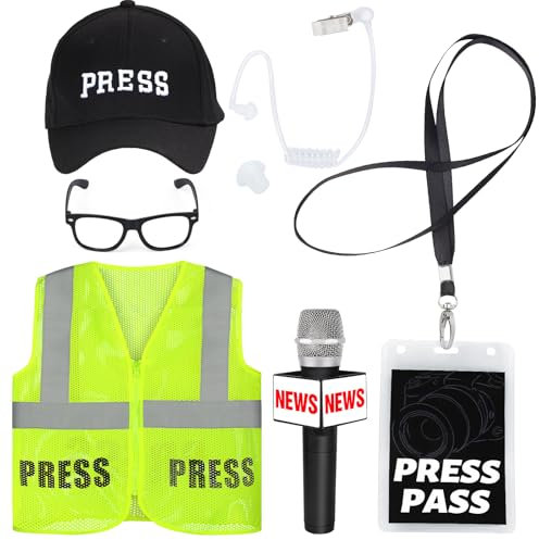 Yewong 6 Pieces Adult Journalist Costume Set Press Hat Vest Pass Card Microphone Earpiece Prop Costume Glasses Frame for News Reporter Dress up Halloween Party