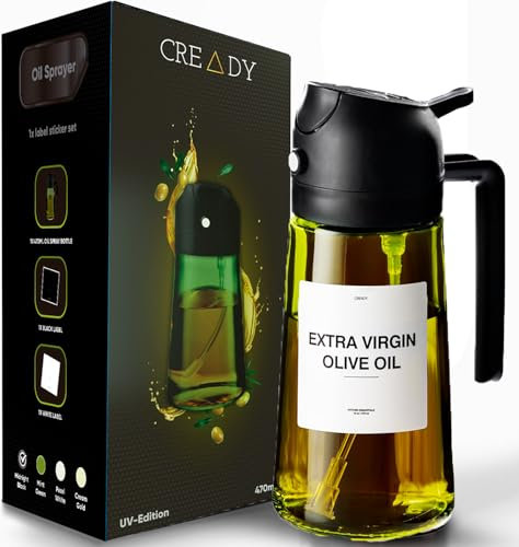 CREADY | Spray Aceite Cocina 470ml | 2 en 1 Dispensador Aceite Spray | Pulverizador Aceite Spray Freidora Aire | Aceitera Spray Pulverizador | Rociador Aceite Spray | Dispensador de Aceite