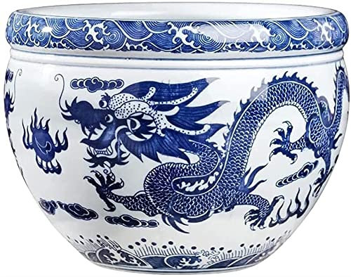 PUFAHAU Macetas de cerámica de Porcelana Azul y Blanca, Estilo Chino Oriental con Doble dragón de Fuego y Perla, Maceta para suculentas, Maceta hidropónica, Maceta para Plantas d(18.5x13.5cm)