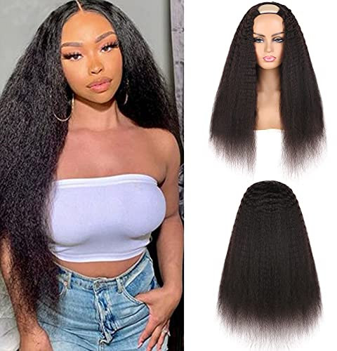 U Part Wig Human Hair Yaki Straight Wigs For Women 2x4 U Shape Kinky Traight Glueless Wig 22 inch Natural Black