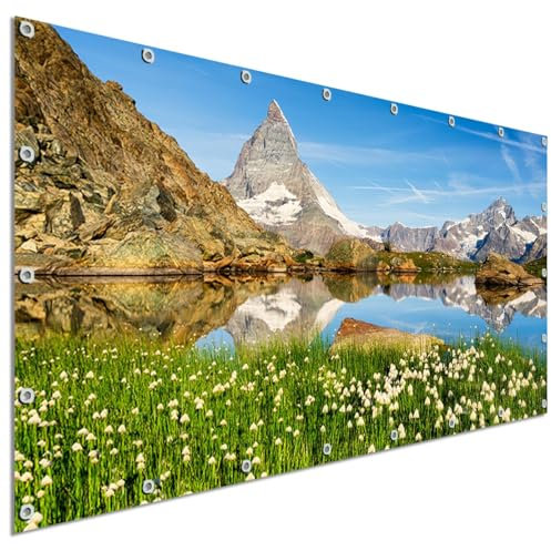 TRIOSK Sichtschutz Balkon Deko Plane Balkonblende Blickdicht mit Motiv Berg Matterhorn Schweiz für Garten Terrasse Gartenzaun Balkonverkleidung Blickschutz PVC groß 200x100 cm