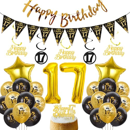 Xietaea Deko 17 Geburtstag Jungen Mädchen - Schwarz Gold Luftballons Happy Birthday Girlande Tortendeko, XXL Zahlenballon Hängende Spiralen und Wimpel für 17 Jahre Geburtstagsdeko