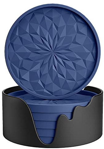 STLIAN Lot de 6 dessous de verre en silicone avec support, sous-verres pour boissons chaudes ou froides, épais, antidérapant, antidérapant, plateau profond, bleu marine