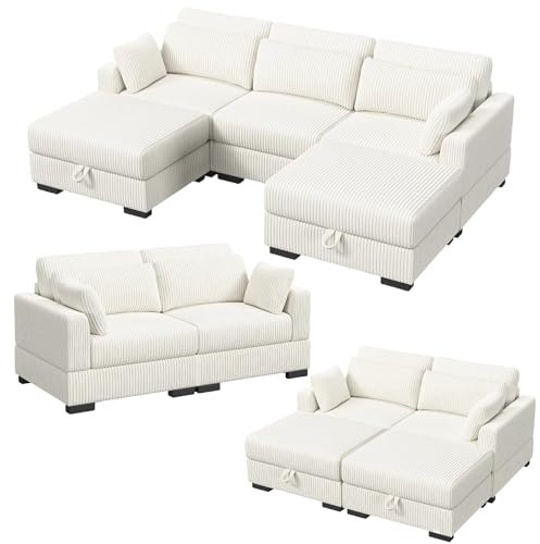 Modulares Sofa, Schlafsofa mit Bettkasten, Eckcouch mit Schlaffunktion, L Förmiges Sofa Aus Cordstoff mit Kissen und Ottomane, Moderne Schlafcouch Für Wohnzimmer (2er, Beige)