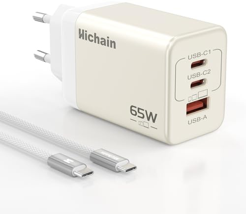 Hichain 65W Galliumnitrid Ladegerät USB C, 3-Port Schnellladegerät mit Fast Charger USB C Kabel, USB Netzteil Kompatibel für iPhone 16, iPad, MacBook, ThinkPad, Galaxy, Pixel, Tablet, Laptop (Weiß)