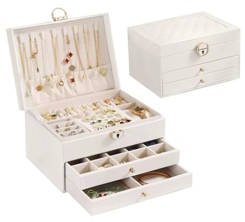 CHRONO SIMZ Elegant Jewellery Box with 3 Layers, PU Leather Storage Case, Quilted Design with Metal Lock, 2 Drawers, White