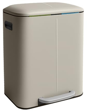 Relaxdays Mülleimer, 2 Fächer, 2x 20 l, entnehmbare Inneneimer, beige | Softclose, Fußpedal, Metall, Mülltrenner Küche
