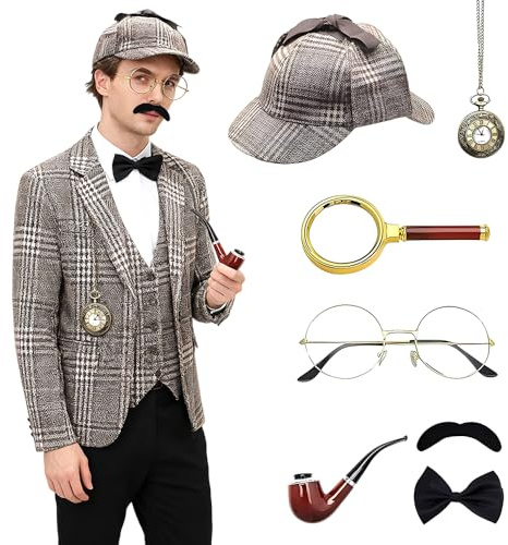 7 Stück Detektiv Kostüm Zubehör Set, Sherlock Holmes Kostüm Accessoires mit Detektiv Hut Brille Falscher Schnurrbart Lupe Fliege Detektiv Cosplay Requisiten für Halloween Cosplay KarnevalParty