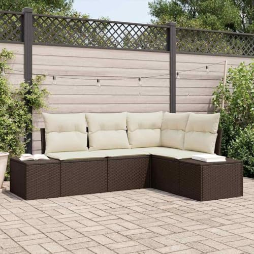 Runheo Gartensofa-Set mit Stauraum, 4-teilig, Braun und Creme Poly-Rattan, modular, wetterfest, UV-beständig, für Terrasse und Balkon, langlebiges Outdoor-Möbelset