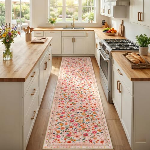 INOVADAY Tapis Lavable Imprimé Floral 60x305 cm Rose/Beige Tapis Couloir | Cuisine, Entrée, Salle à Manger, Salle de Bain, Chambre, Vintage, Bohème, Lavable en Machine, Poils Courts, Antidérapant