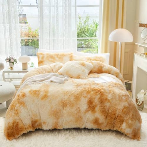 Covebett Plüsch Bettwäsche 135x200 Winter Warme Langhaar Flauschig Beige Gelb Shaggy Plüschbettwäsche Set Kuschelig Cashmere Touch Wende Bettbezug mit Reißverschluss und Kissenbezug 80x80cm
