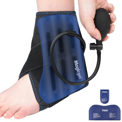 Magic Gel Kompressions-Knöchel Kühlpack – Kühlpack für Knöchel, Ferse & Fuß bei Verstauchung, Schwellung und Achillessehnenentzündung – Kälte- und Wärmetherapie mit Luftpumpe, 2 flexible Gel Kühlpacks