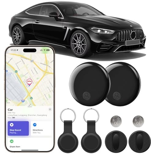 Traceur GPS Voiture, Lot de 2 Localisateur Bluetooth Compatible avec Localiser d'A-pple (iOS Uniquement), Étui de Porte-Clés Protecteur et Silicone Magnétique, Batterie Remplaçable, Étanchéité IP67