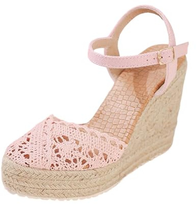 Generisch Sandales estivales avec lacets, semelle compensée, style bohème, chaussures décontractées, Rose, 43 EU
