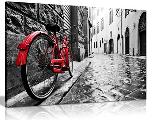 Retro Vintage Red Bike On Cobblestone Street Black & White Canvas Wall Art Picture Print (24X16)