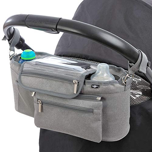 Kinderwagen Organizer und Kinderwagen Clips x 2 oder Aufbewahrungstasche mit Reißverschlusstasche und Geldbeutel. Grau. BTR