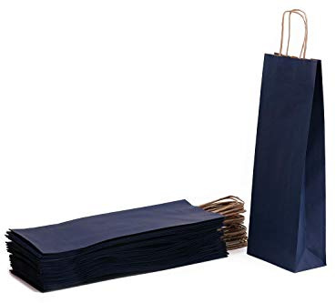 Millerighe Lot de 25 sacs pour bouteille en papier Kraft Havane avec manche en papier bleu 14 x 9 x 40 cm