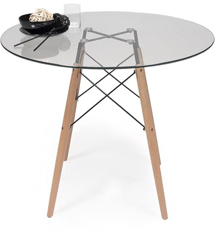 Homely - Mesa de Comedor Tower 100 Vintage | Mesa de Cristal Redonda | Diseño Vintage | Comedor, Cocina, Oficina, Estudio | Patas de Madera de Haya | Cristal Transparente | 100 cm Diámetro
