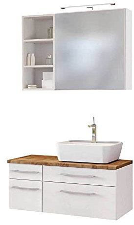 Lomadox Badmöbel Set matt weiß, 90cm Waschtischunterschrank, Keramik Waschbecken, LED-Spiegelschrank mit Regal