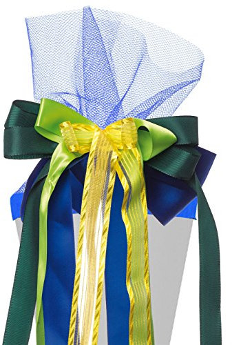 alles-meine.de GmbH große 3-D Schleife für Schultüten - blau - grün & gelb - 24 cm breit u. 47 cm lang - mit edlen Satin Bändern, Tüll & Bastband - für Geschenke und Zuckertü..