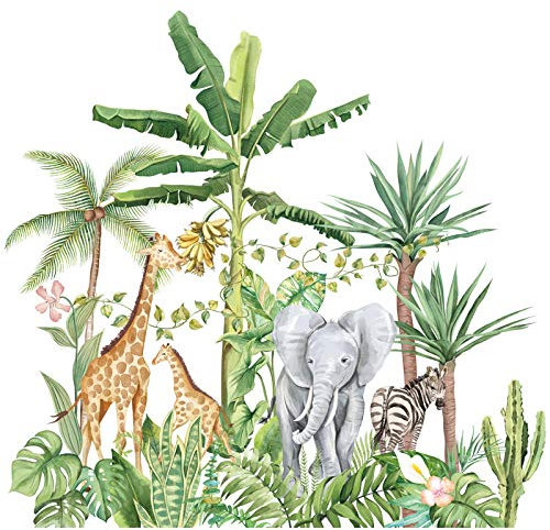 Autocollant Mural,Stikers Murals,Stickers Muraux 3D,Stickers Muraux Végétaux Canapé Chambre Fond Autocollants Couloir Tropical Forêt Tropicale Autocollants Éléphant Girafe Stickers Muraux