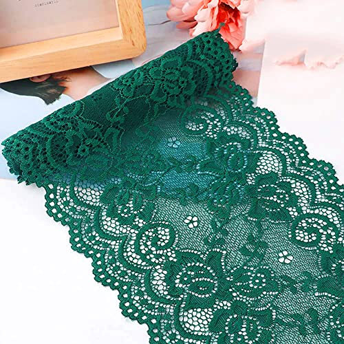 15cm x 3m Elastizität Spitzenband Spitzenbordüre Spitzenborte Zierband Dekoband Spitzen Borten Bänder zum Nähen,DIY Basteln,Deko für Kleidung Unterwäsche Dessous Hochzeitskleid Tischdeko,Dunkelgrün