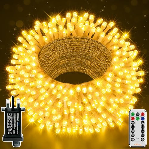 Ollny 30m 300 LED Fairy Lights Mains Powered, Outdoor Waterproof String Light with Remote/Plug/Modes/Timer, Bright Warm White Lighting Outside Indoor Garden Tree Decorations