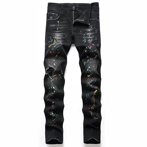 SUYGGCK Jeans Men Men Black Slim Ripped Jeans Trend Paint Splatter Jeans-Black,36