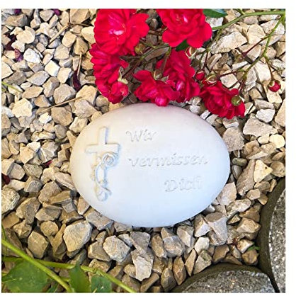Radami Gedenkstein - Wir vermissen Dich - Grabschmuck Grabherz Trauerherz Steinform oval 10,5cm Natur