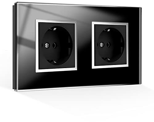 CNBINGO Glas Schuko Steckdose zweifach - Design Schutzkontakt Wandsteckdose mit Glasrahmen - Doppelsteckdose unterputz in Schwarz - mit Montagematerial - Design Innenrahmen quadratisch
