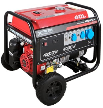 XGREENS Generador de corriente (gasolina) X50 (máx. 4.200W, depósito 40 l, AVR, Powered by Honda, ruedas, alerta aceite, monofásico, 3 tomas 230V, protección térmica y panel digital)