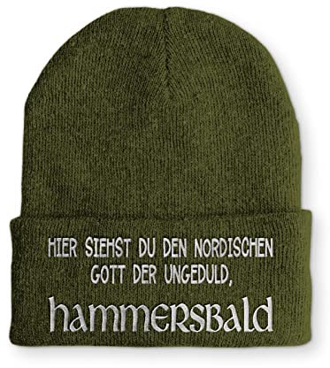 tshirtladen HAMMERSBALD Beanie Mütze - Nordischer Ungedulds-Gott mit Humor | Coole Spruchmütze für Outdoor, Alltag, Freizeit | Stick-Design Unisex | Farbe: Olive