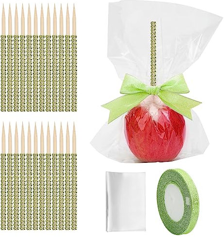 48 + 1xSüßigkeiten-Apfel-Bambus-Stick-Set, Anglecai 24P Bling Stick für Apfel-Strass-Holzspieße, mit 24P Beuteln, 1P 22 m Glitzerband, Bling Stick für Karamell, Lutscher, knusprige Leckereien (Gras)