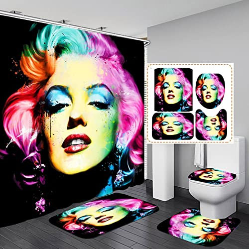 Marilyn Monroe Badezimmer 4-teiliges Set Duschvorhang, WC-Deckelbezug und Badematte, rutschfeste Teppiche, langlebig und wasserdicht, für Badezimmer Dekor Set, 182,9 x 182,9 cm