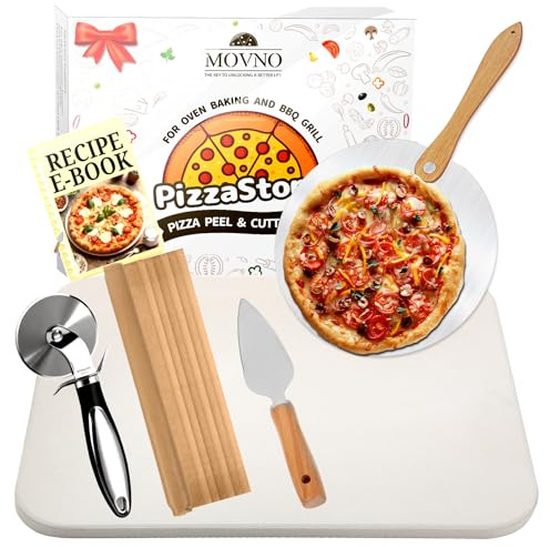 Pizza Stones Set - 15 x 12 Inch Large Pizza Stone for Oven and Grill Durable and Safe Baking Stone Thermal Shock Resistant Cooking Stone with Wooden Pizza Peel Paddle & Pizza Cutter