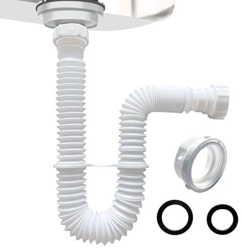 VIVIDA Flexible Sink Drain Pipe, 1-1/2 Expandable Flexible P Trap Drain Pipe, 11-31.5 Sink P Trap for Bathroom & Kitchen, 1-1/4 Adapter Included, White, 1 Pack