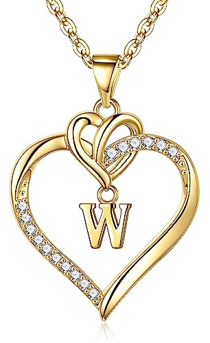 TINGN Collier Coeur Plaqué Or 14 Carats pour Femme - Pendentif avec Chaîne Initiale Lettre W - Bijoux Cadeau pour Anniversaire, Noël, Mère et Fille