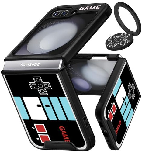 Funermei 2-in-1-Schutzhülle für Samsung Galaxy Z Flip 5, Spiel für Kinder, Jungen, niedliches Frauen-Handyhülle, Cartoon-cooles Gameboy-Design mit Ringständer, einzigartige Teen Boy Funda für Samsung
