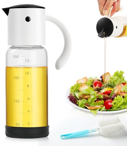 FRIBERG Distributeur D'huile D'olive 350 ml Couvercle Automatique Distributeur Bouteille Huile, bouteille d'huile d'olive en verre avec bouchon à gravité, brosse de nettoyage incluse